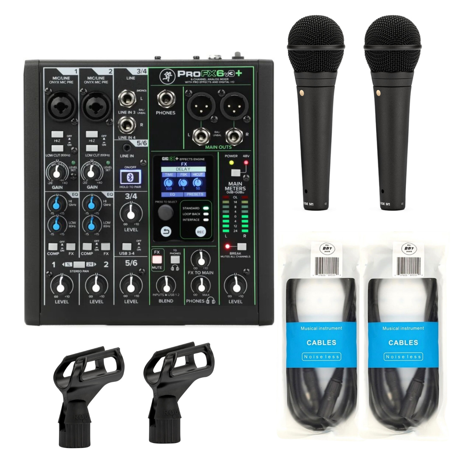 Mackie ProFX6v3+ 6-channel Mixer – 2 x RODE M1 Microphones – 2 x XLR Cables Bund