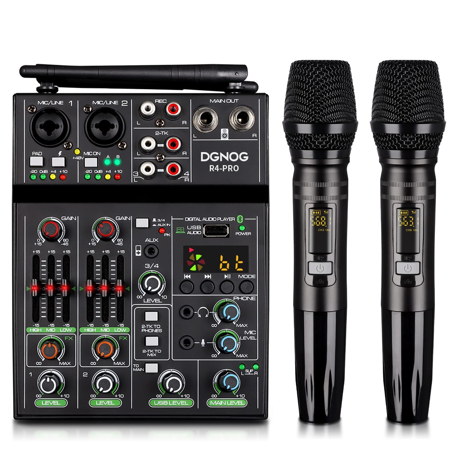 Professional Audio Mixer, 4 Channel Sound Mixer With Dual Wireless Mic, Sound Bo