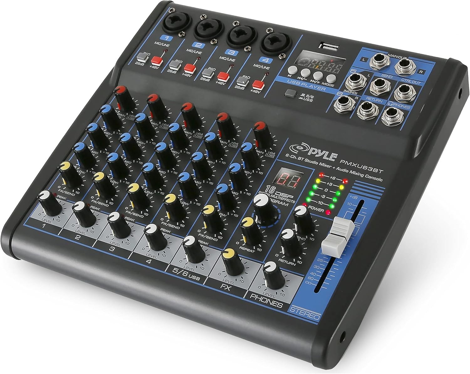 Pyle 6-Channel Professional Audio Mixer- USB, Bluetooth, 48V Phantom Power