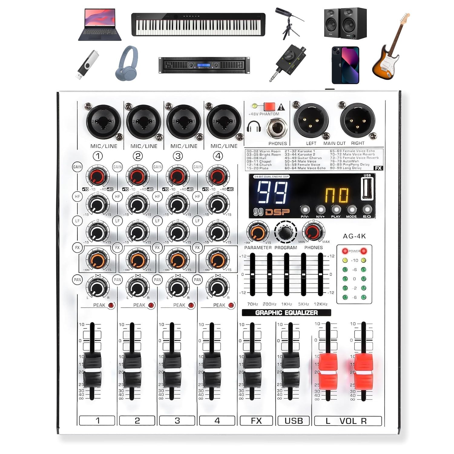 Professional 4-Channel DJ Audio Mixer with Bluetooth, 5-Band EQ, 99 DSP Effec…