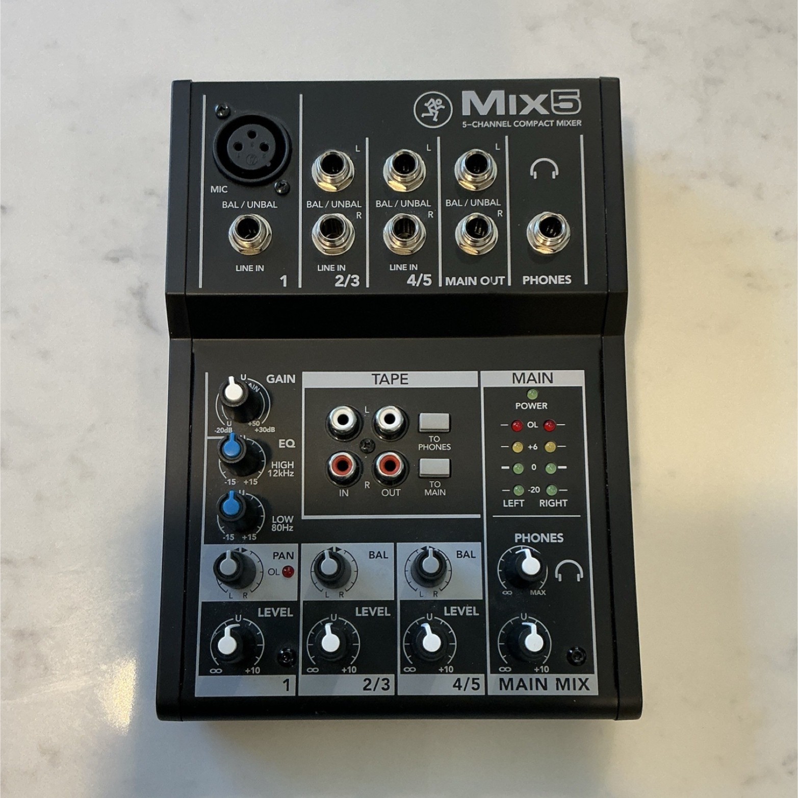 Mackie Mix5 5-Channel Compact Mixer, XLR/RCA/1/4″ Inputs, 2-Band EQ, Desktop