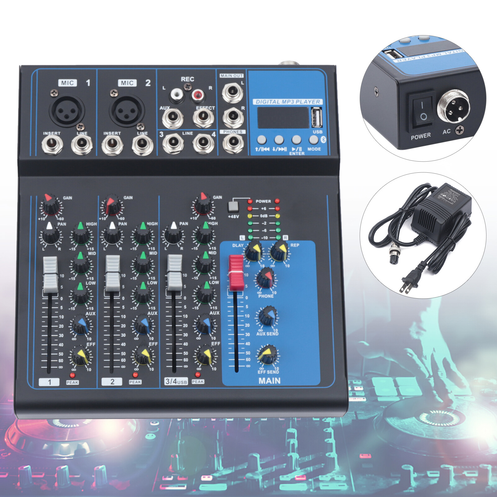 DJ Live Sound Mixing Console USB 4-Channel Mixer Bluetooth Studio Audio Mixer