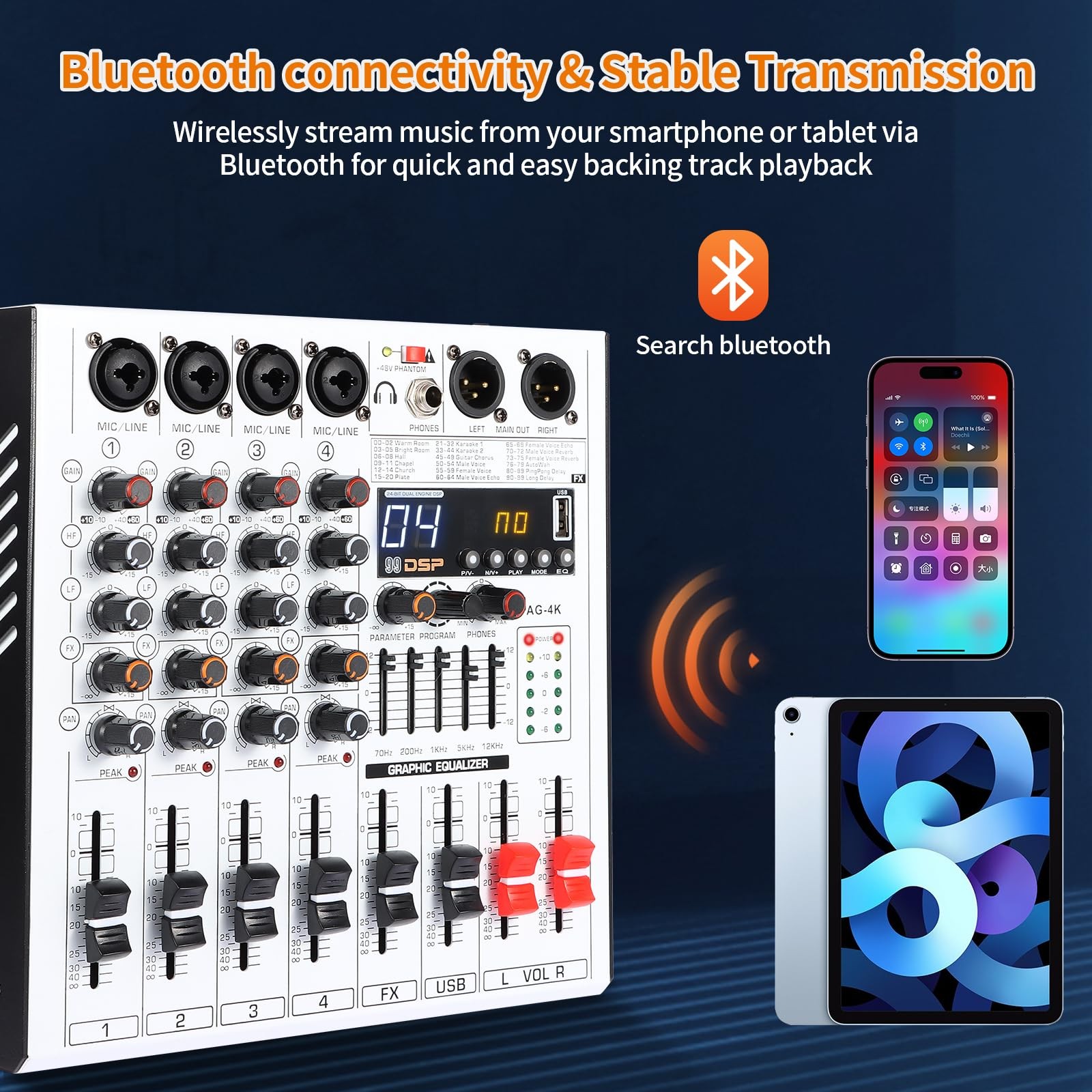 Professional 4-Channel DJ Audio Mixer with Bluetooth, 5-Band EQ, 99 DSP Effec…